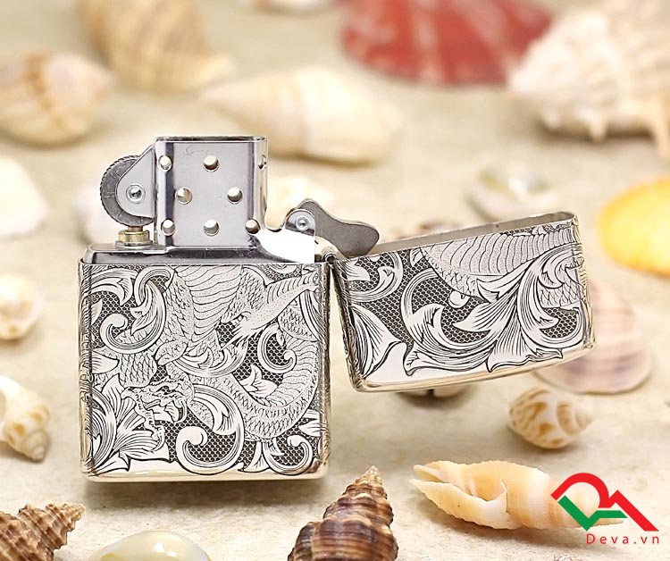 Zippo bạc khối chạm khắc hình rồng cuốn BK16