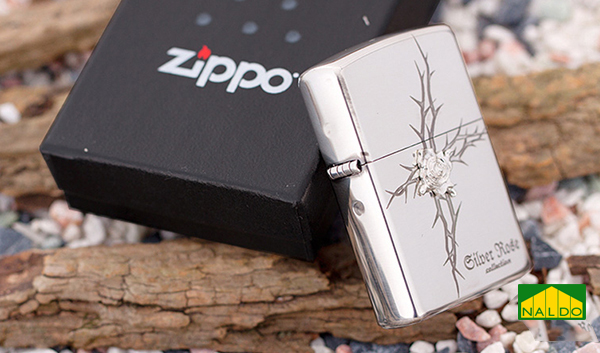 Zippo mạ bạc đính hoa hồng gilver rose Z176