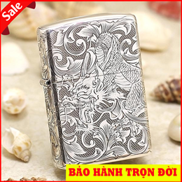 Zippo bạc khối chạm khắc hình rồng cuốn BK16